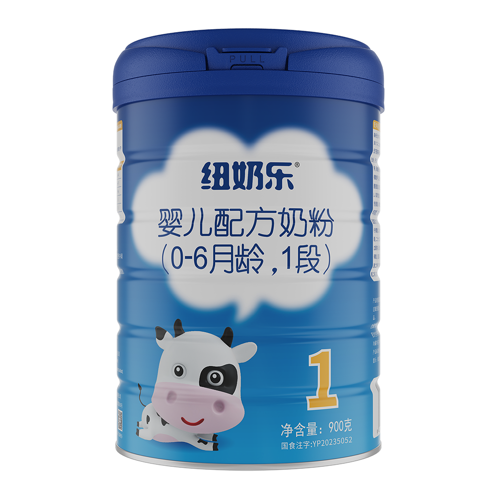 纽奶乐婴儿配方奶粉 1 段 900g 罐体，适用 0-6 月龄，注册号国食注字 YP20235052