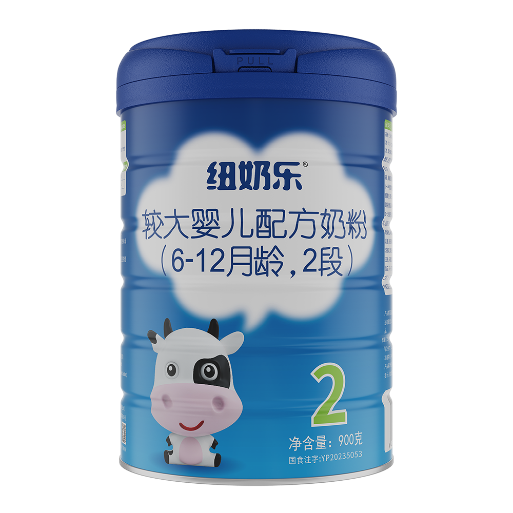 纽奶乐较大婴儿配方奶粉 2 段 900g 罐体，适用 6-12 月龄，注册号国食注字 YP20235053